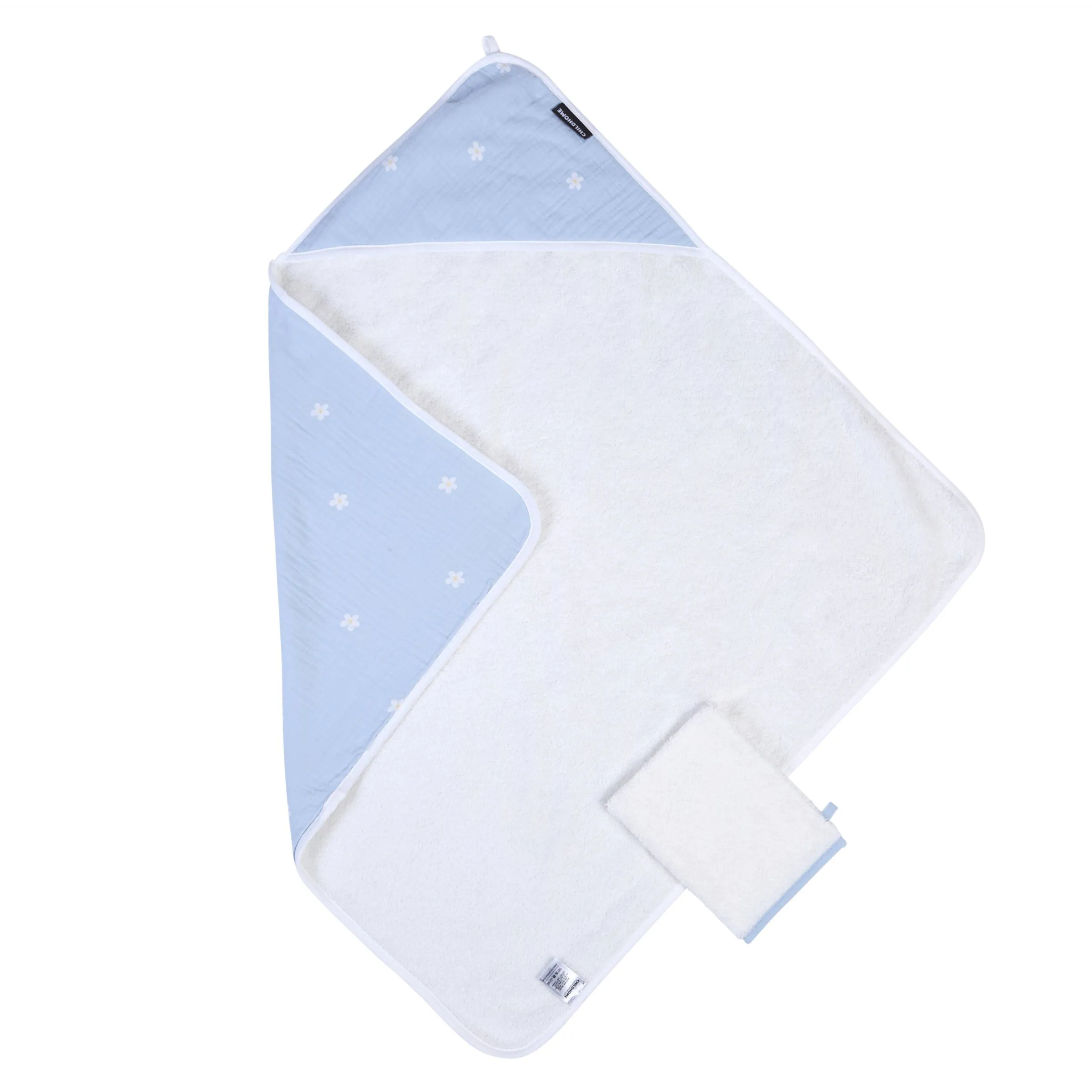 Childhome Capes De Bain-Cape De Bain + Gant - 80x80 Cm - Mousseline Fleur - Bleue