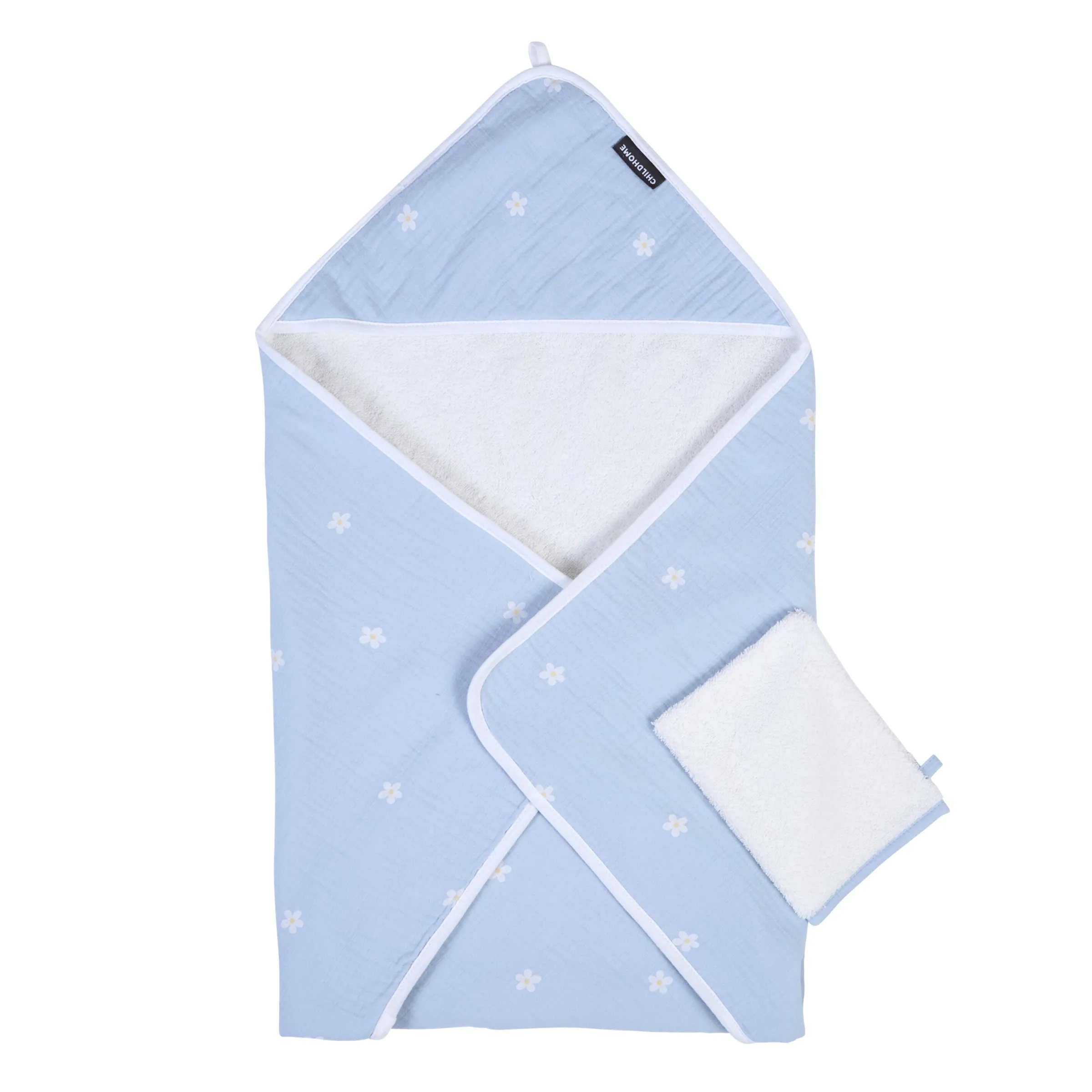Childhome Capes De Bain-Cape De Bain + Gant - 80x80 Cm - Mousseline Fleur - Bleue