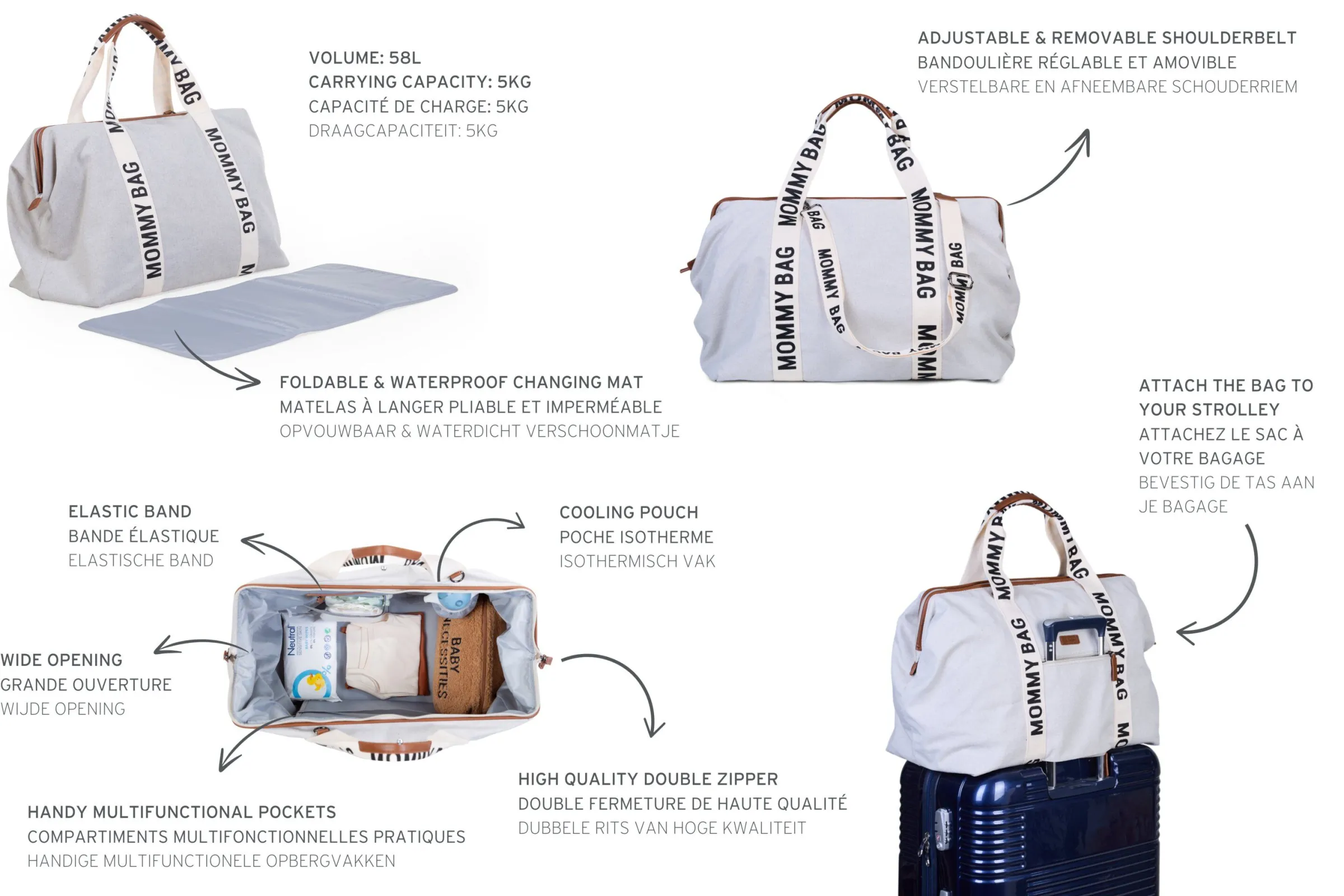 Childhome Signature Collection|Mommy Bag ®-Mommy Bag ® Sac A Langer – Signature - Toile - Ecru